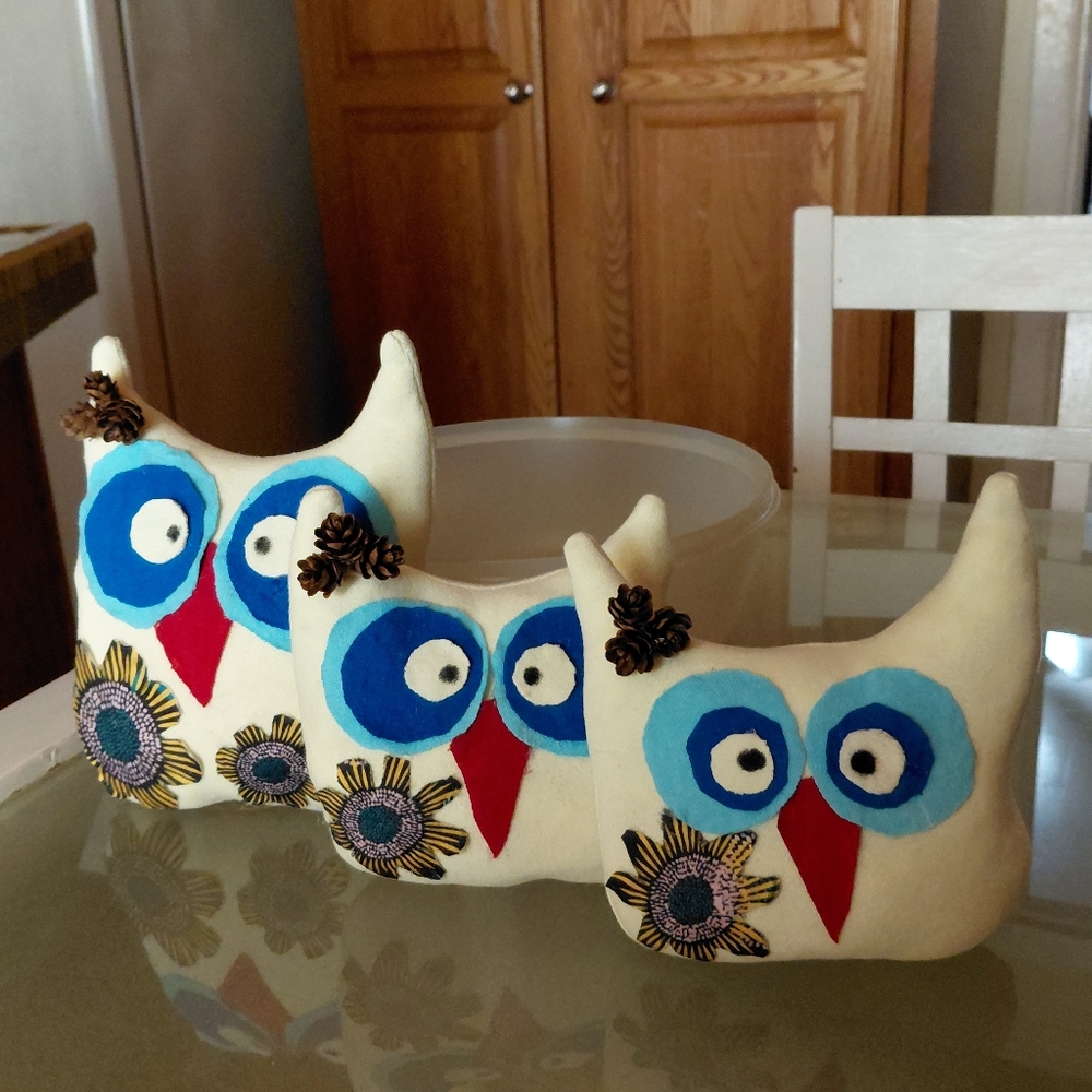 Handmade Yellow  Owl Trio with Blue Eyes and Red Beaks Large One 8" Tall